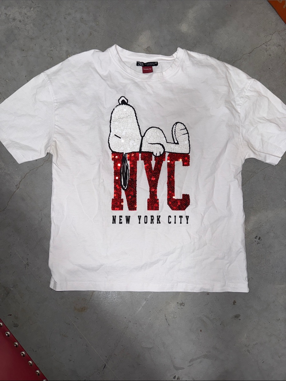 Zara White Snoopy Graphic Tee with Red Sequin NYC